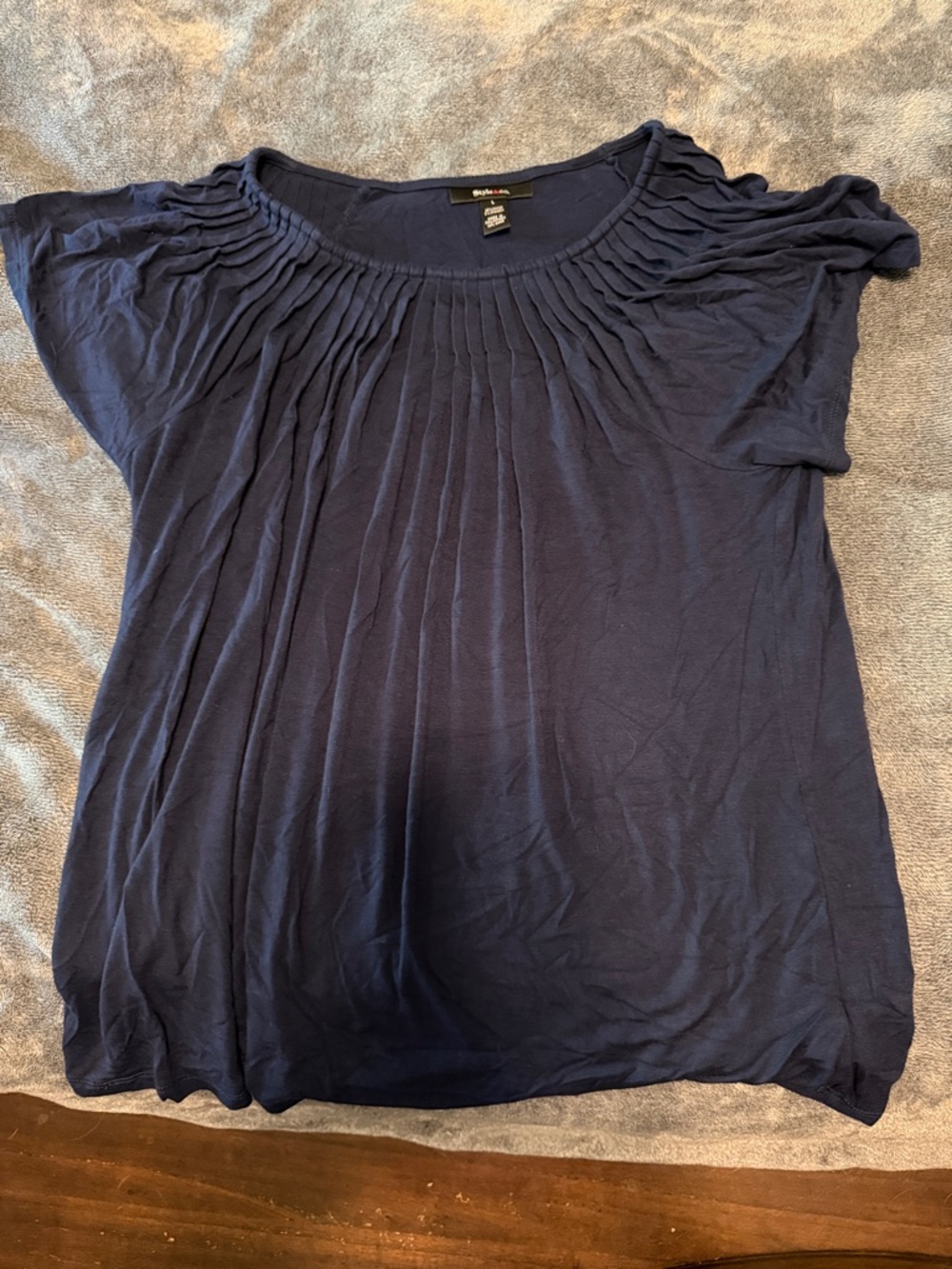 Style & Co. Navy Pintuck Scoop Neck Blouse